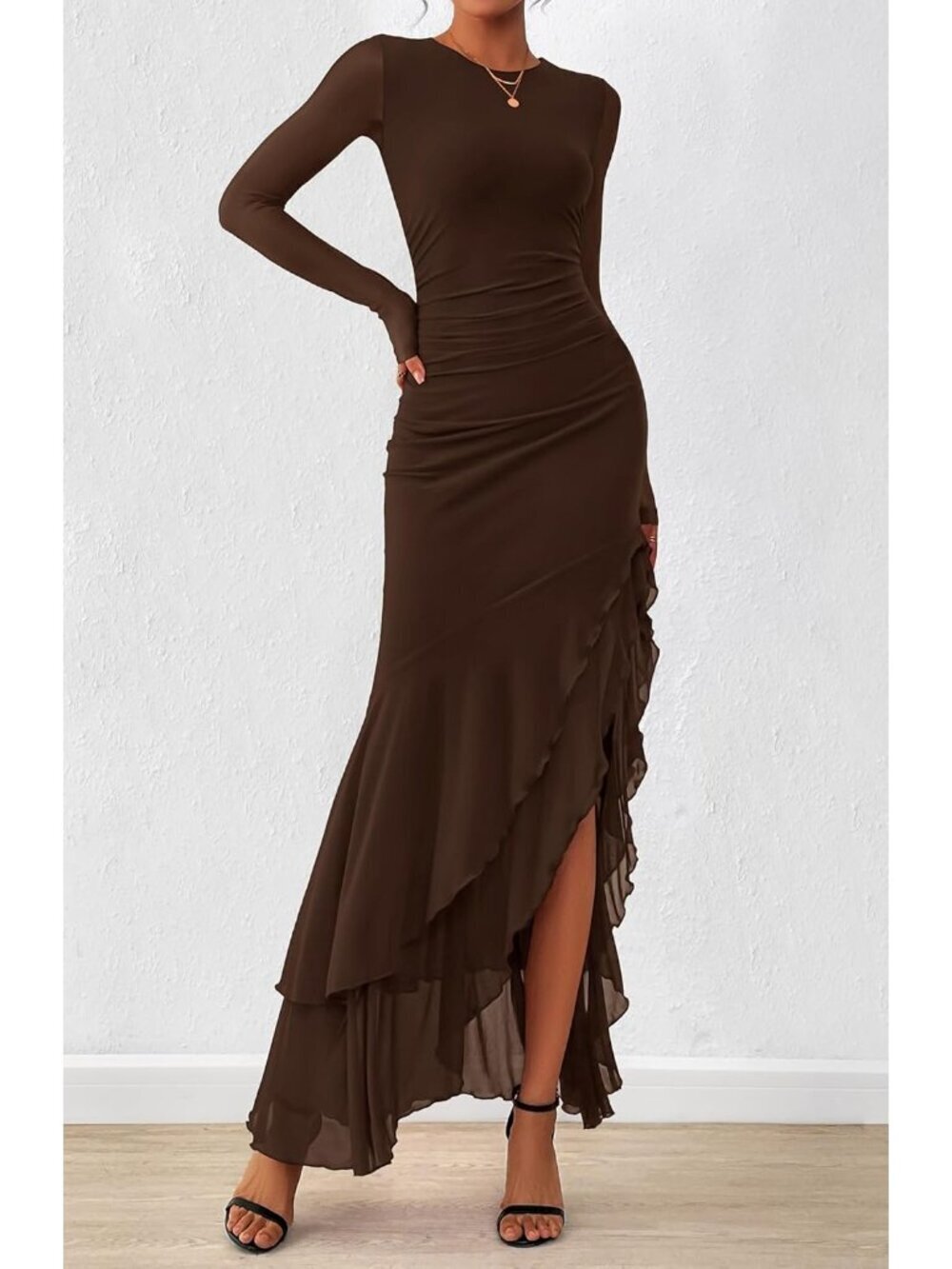 Women's Coffee Long Sleeve Ruched Bodycon SOLID Ruffle Mermaid Maxi Dress - Picture 4 of 6